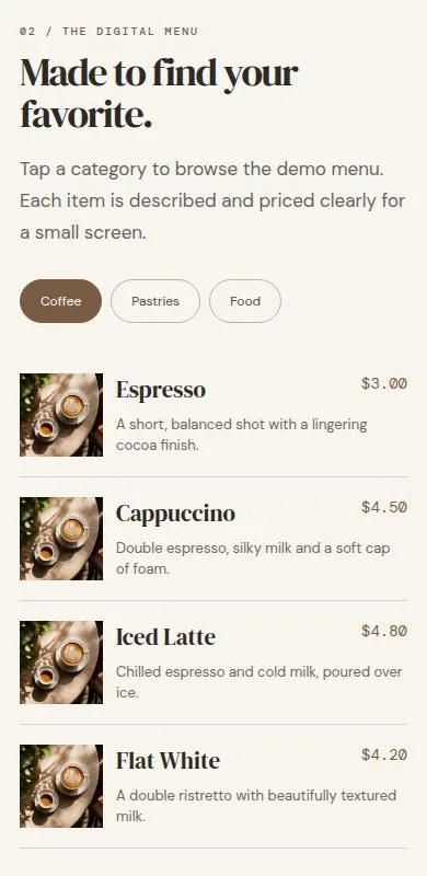Mobile menu screen of the Oak & Bean Café concept